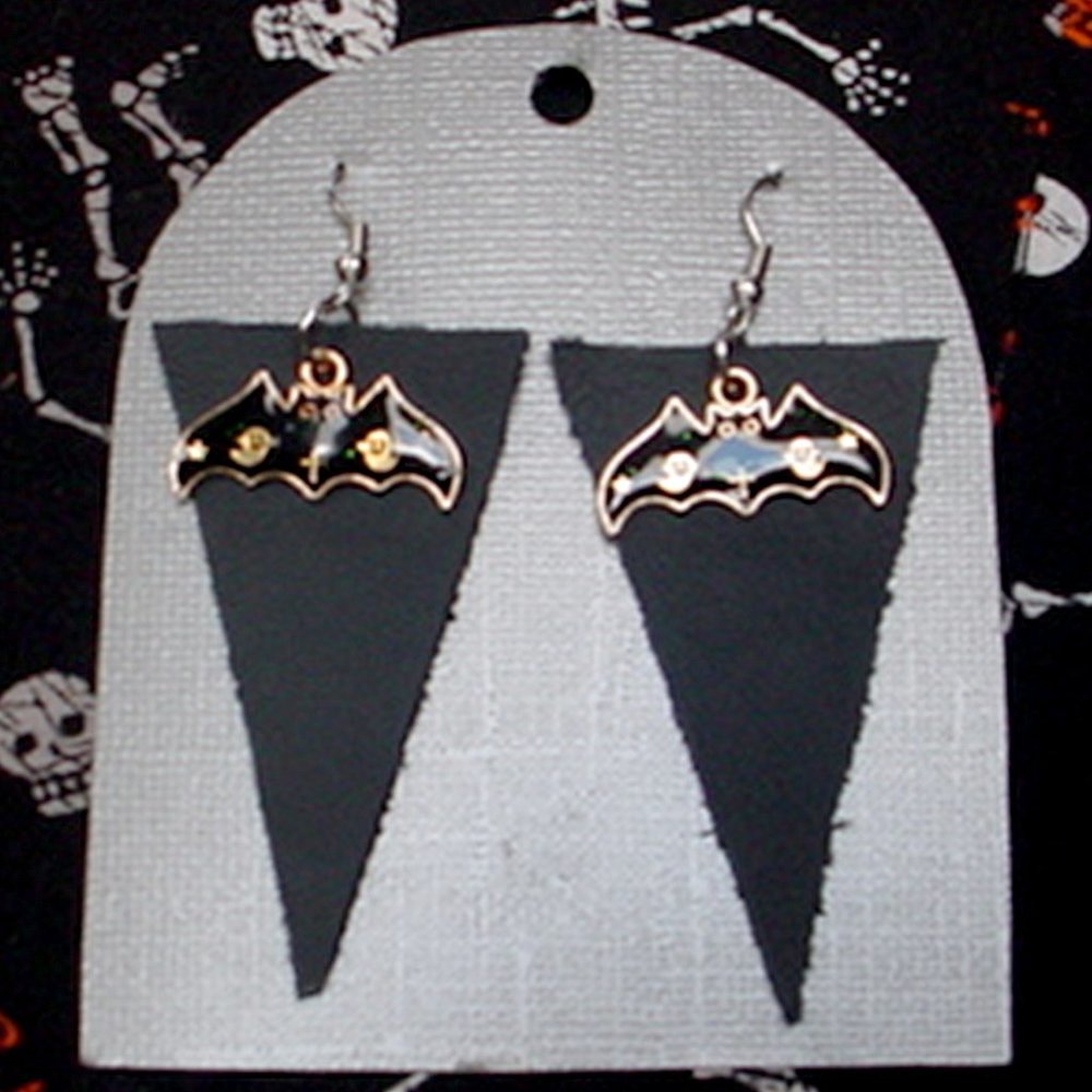 HALLOWEEN BAT EARRINGS BLACK LEATHER & ENAMEL 2-1/4" LONG